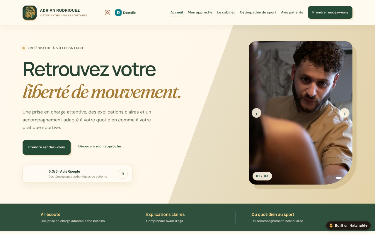 Capture réelle de la page d’accueil du site Adrian Rodriguez, ostéopathe à Villefontaine